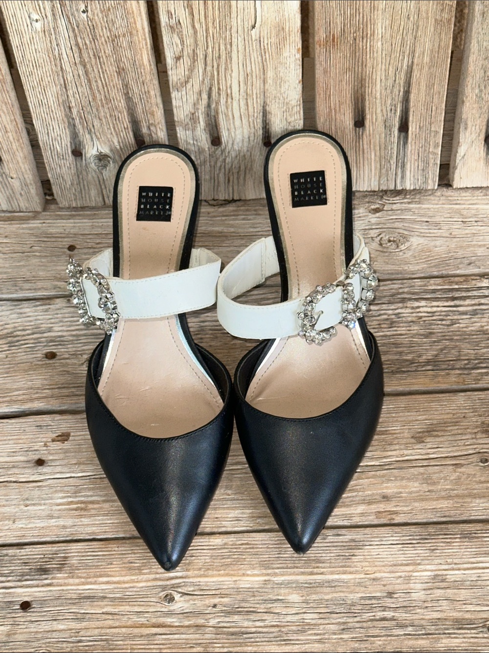 White House Black Market Black & White Pointed Toe Mule with Crystal Buckle